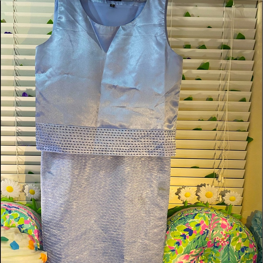 Terramina New York light blue satiny top with textured long skirt suit